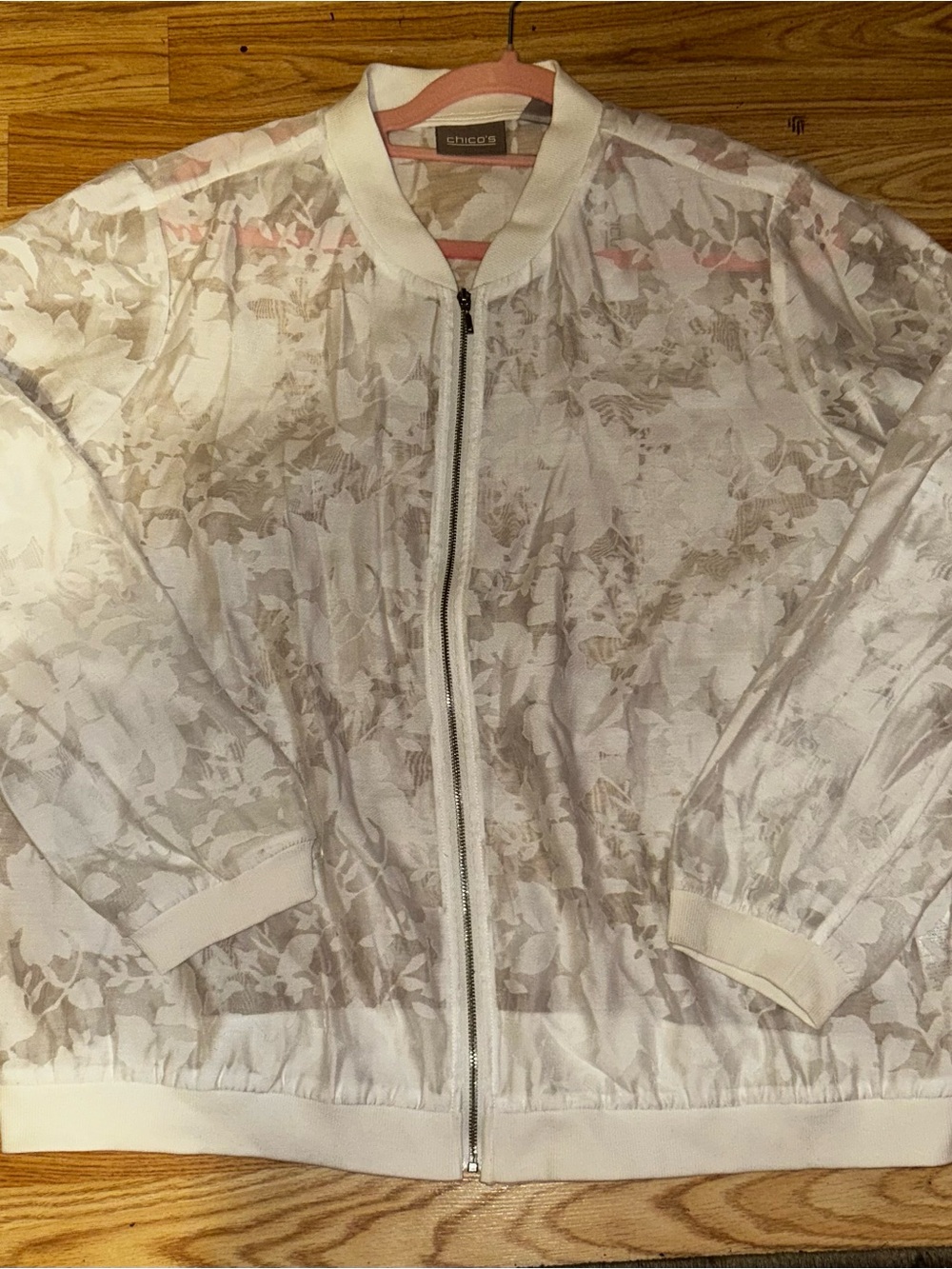 Chico's White Floral Mesh Bomber jacket NWT size 3